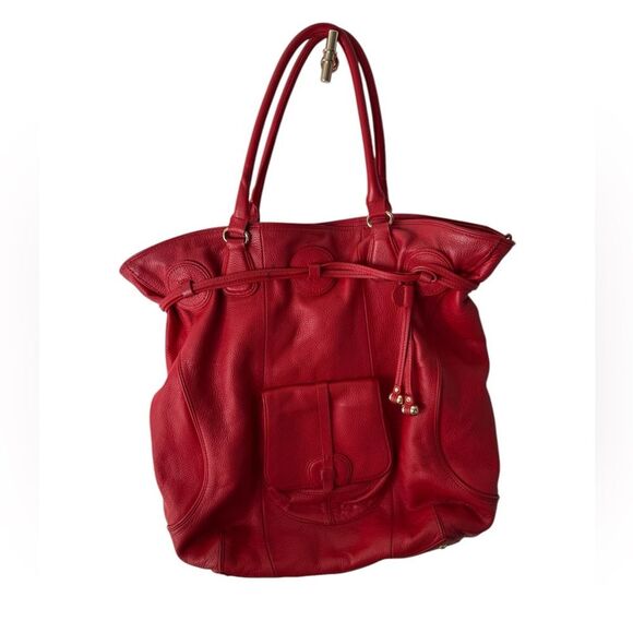 Isaac Mizrahi Large RED 100% genuine Leather Bag Tote Purse gold hardware - Picture 2 of 16